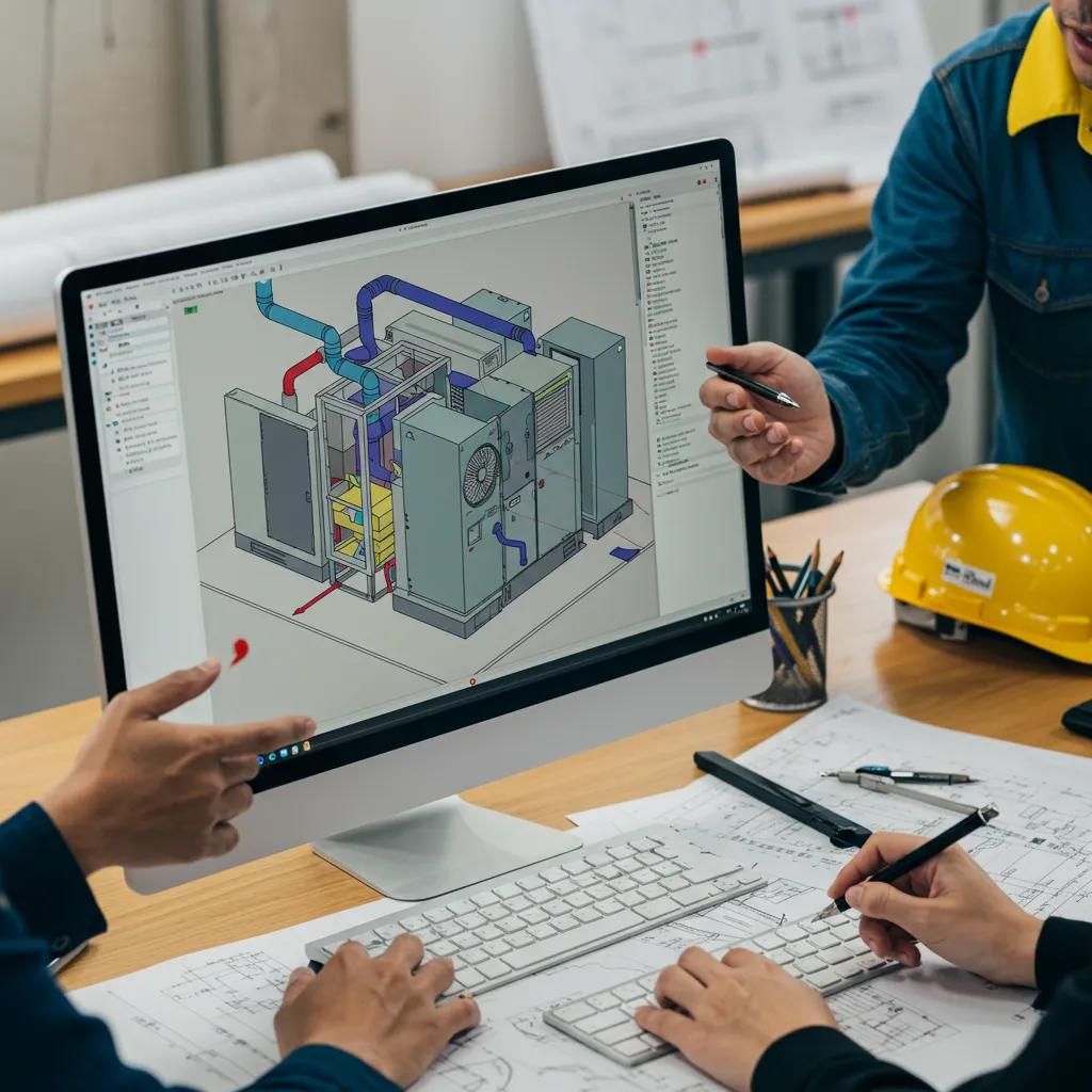 Engineers collaborating on CAD designs for HVAC systems with detailed 3D models