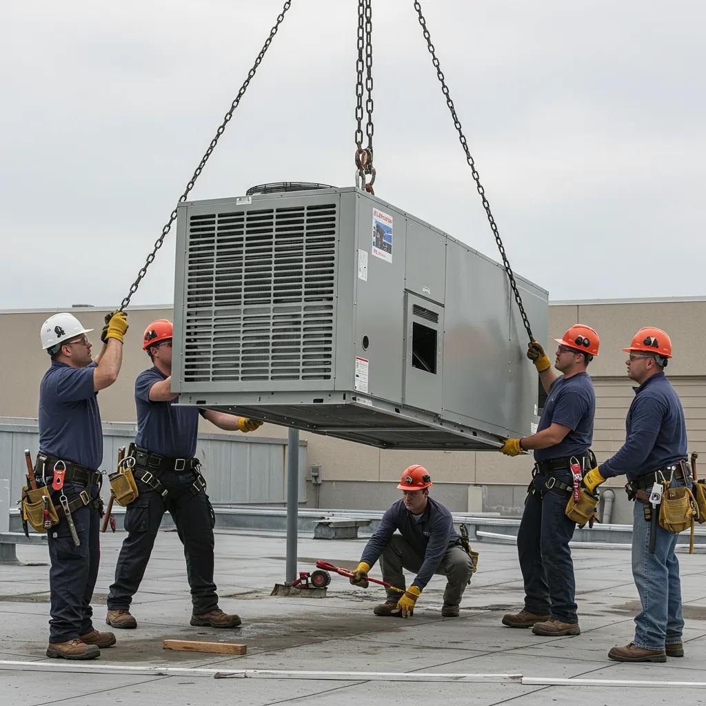 HVAC professionals removing an air handler unit from a commercial rooftop in Florida