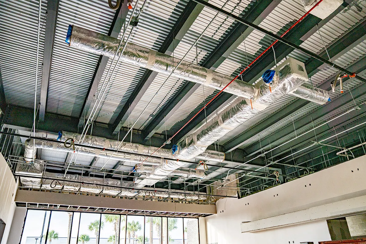 Overhead duct runs inside a building