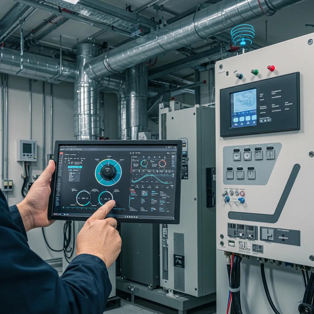 Technician monitoring building automation system controls for HVAC integration