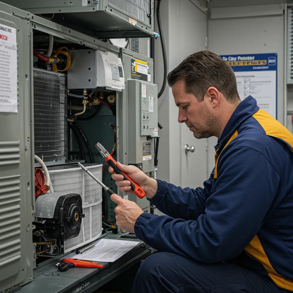 HVAC technician performing preventive maintenance with tools and checklist