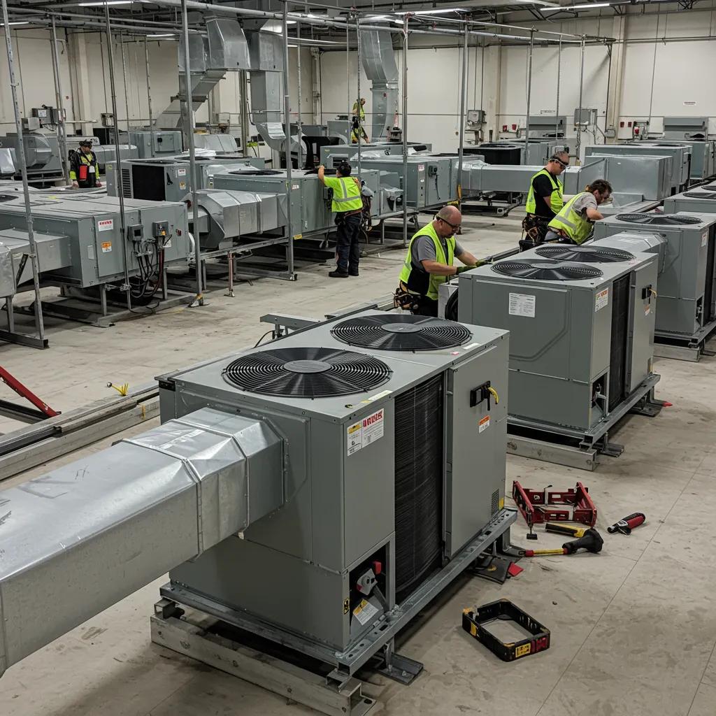 Technicians working on a commercial HVAC system installation on a rooftop showcasing technical complexity